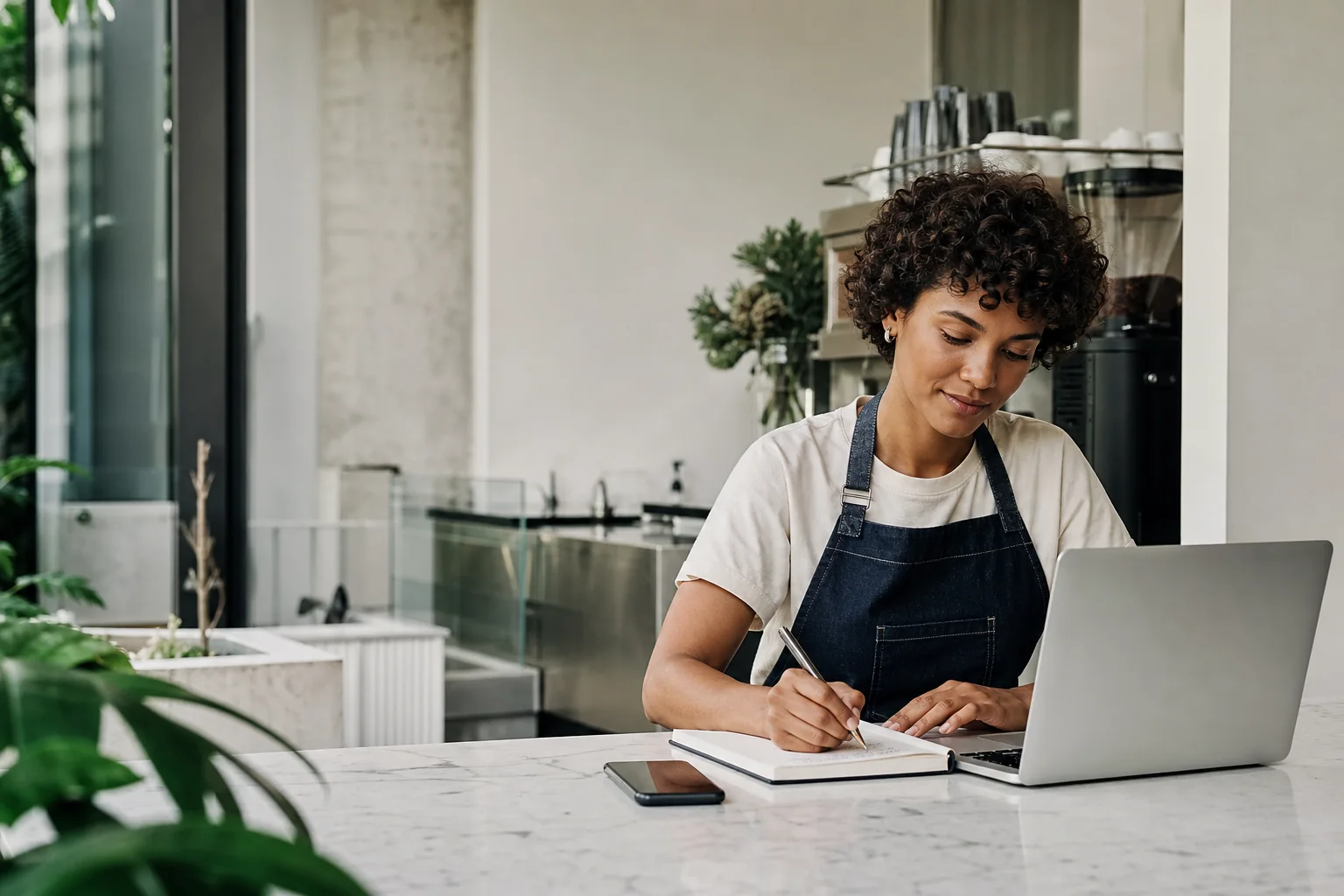 A small business owner reviewing social content created by Handled
