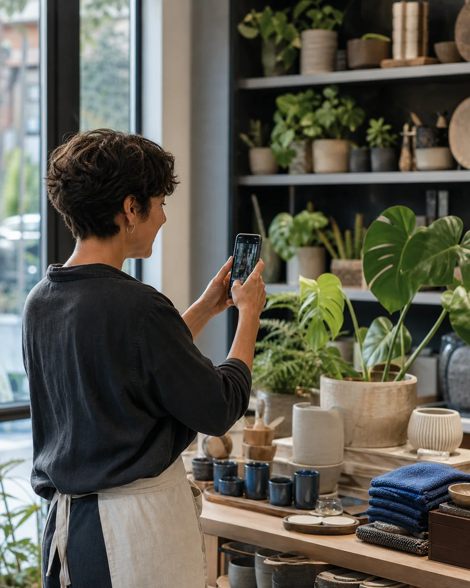 A shop owner preparing products while Handled prepares her social content